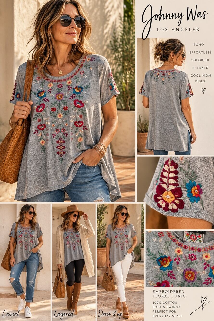 Johnny Was L Gray Embroidered Floral Cotton Swing Tunic Top Boho